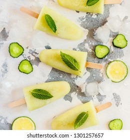 Cucumber, Green Tea And Lime Ice Cream Popsicles, Square