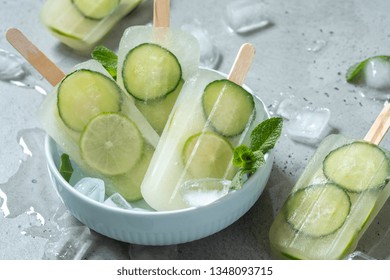 Cucumber, Green Tea And Lime Ice Cream Popsicles With Mint