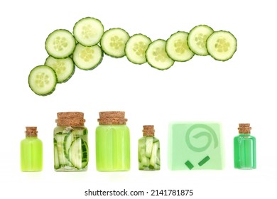 Cucumber Skincare And Body Care Treatment With Cleansing And Plant Based Moisturising Products. Used Also As After Sun To Cool Sunburn And Bathe Tired Eyes. On White Background.