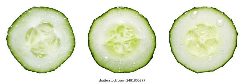 Cucumber slice with droplets on white Background, top view