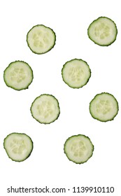 Cucumber Slices Isolated. Sliced Cucmber Background On White. Pices Of Vegetable