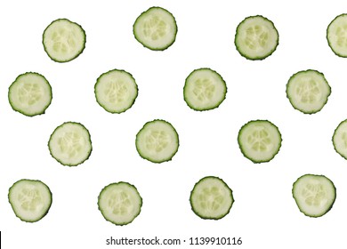 Cucumber Slices Isolated. Sliced Cucmber Background On White. Pices Of Vegetable