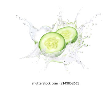 Cucumber slices with water splashing isolated on white background. - Shutterstock ID 2143852661