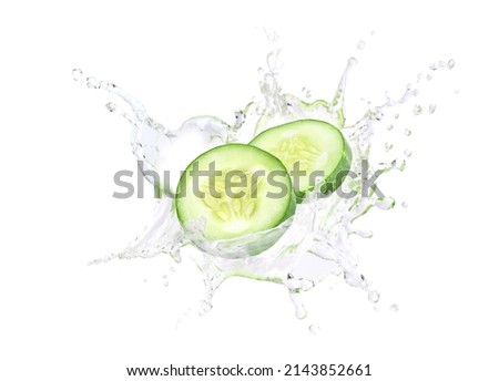 Cucumber slices with water splashing isolated on white background.