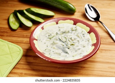 Cucumber Yogurt Raita Served In Bowl Isolated On Table Side View Of Middle East Food