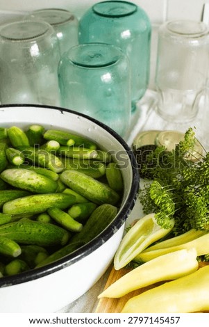 Cucumbers are being cleaned and sorted in a kitchen while glass jars are ready for canning. Ingredients are organized for preserving during the winter months ahead.