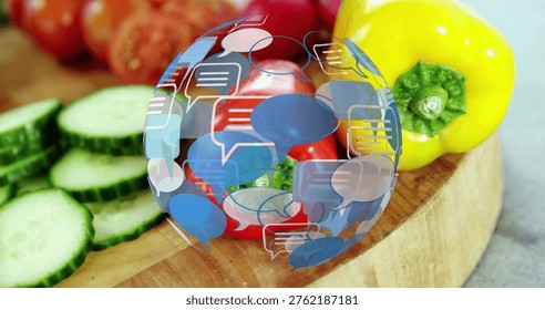 Cucumbers stacking, causing chat sphere overlaying tomatoes and bell pepper, illustrating food prep. Kitchen, vegetables, cuttingboard, countertop, closeup, vibrant, colorful