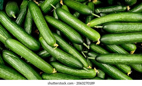 Cucumbers top view, greenhouse cucumbers, long cucumbers, vegetables harvest, food background, place for text  - Shutterstock ID 2063270189