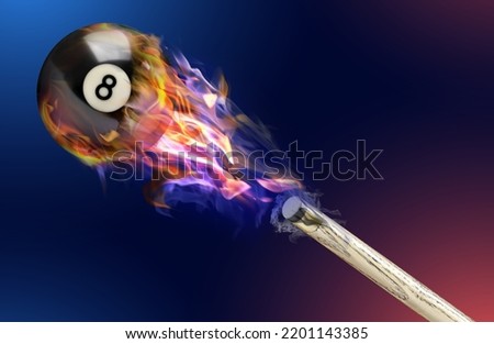 Cue and billiard ball with number 8 in fire flying on color background