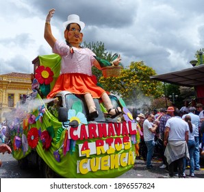 Cuenca, Ecuador - February 22, 2020: Carnival Parade. Platform With Papier Mache Mannequin As Ecuadorian Woman Of Azuay Province Called Chola Cuencana At The Historic Center Of City