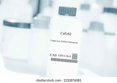 CuFeS2 copper iron sulfide chalcopyrite CAS 12015-76-8 chemical substance in white plastic laboratory packaging - Shutterstock ID 2232876081