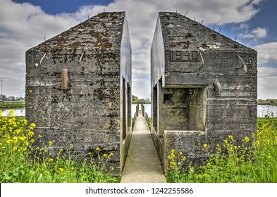 Culemborg, The Netherlands, April 8, 2017: Walking Path Through Sawed Open Bunker 599, Heritage From The Era Of The Dutch Water Line Inundation System