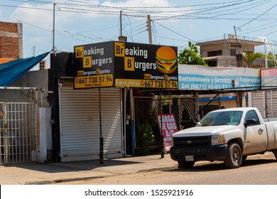 Culiacan, Sinaloa, Mexico - October 2019: Local homemade hamburger business that has the style of the breaking bad series