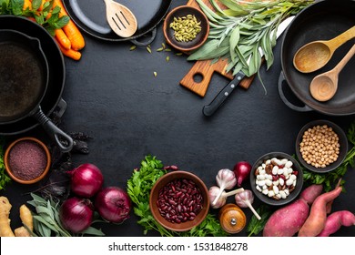 Culinary Background With Kitchen Utensils And Various Culinary Ingredients, Healthy Vegetarian Protein Sources, Vegetables And Spices For Cooking Healthy Food