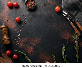 Culinary composition with kitchen utensils and spices, Himalayan salt, colorful peppercorns, fresh rosemary on the table. Top view, copy space