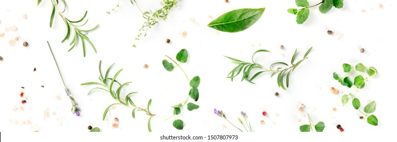 Culinary Herbs And Spices, Shot From Above On A White Background, Cooking Pattern, A Flat Lay Panorama