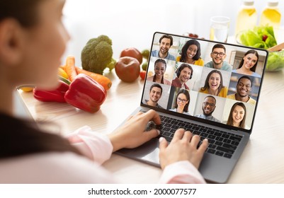 Culinary Workshop. Young Nutritionist Female Having Web Conference With Group Of Young People, Consulting Diverse Men And Woman About Healthy Nutrition Via Video Call On Laptop, Creative Collage - Powered by Shutterstock