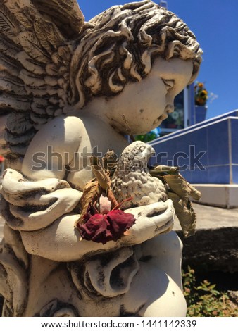 culpture of cherubim in white granite stone holding a pigeon bird in his arms along with a red rose and dry leaves, in cemetery of Mexico