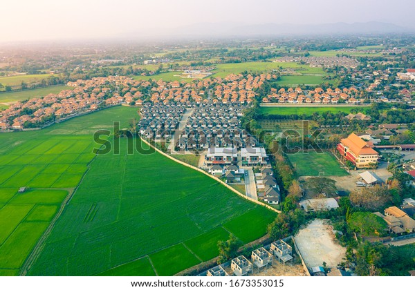 Cultivated land and land plot or land lot for
housing subdivision and development. Consist of aerial view of
green field, agricultural plant and housing. Business process by
developer and
builder.
