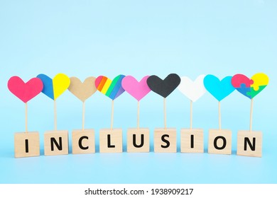 Cultural, Racial, Gender, Age And General Equality, Inclusion, Love And Diversity Concept. Multicolored Heart Shape Icons In Blue Background.