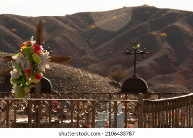 Culture And Religion. Traditional Tombstones In The Ancient Aboriginal Cemetery In The Desert And Mountains.