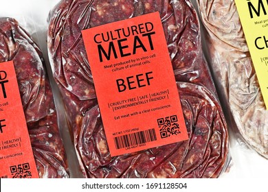 Cultured Beef Meat Concept For Artificial In Vitro Cell Culture Meat Production With Frozen Packed Raw Meat With Label