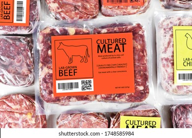 Cultured beef meat concept for artificial in vitro cell culture meat production with frozen packed raw meat with label