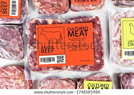 Cultured beef meat concept for artificial in vitro cell culture meat production with frozen packed raw meat with label