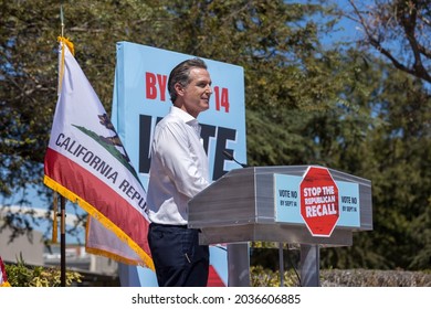 Culver City, California, September 5, 2021-California Governor Gavin Newsom Speaks At His Recall Election Rally On At Culver City High School.