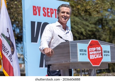 Culver City, California, September 5, 2021-California Governor Gavin Newsom Speaks At His Recall Election Rally On At Culver City High School.