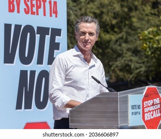 Culver City, California, September 5, 2021-California Governor Gavin Newsom Speaks At His Recall Election Rally On At Culver City High School.