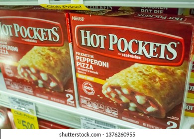 Culver City, California/United States - 4/5/19: Several Hot Pocket Products In The Freezer Section Of The Grocery Store