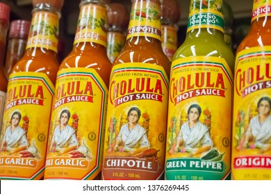 Culver City, California/United States - 4/5/19: Several Bottles Of Cholula Hot Sauce