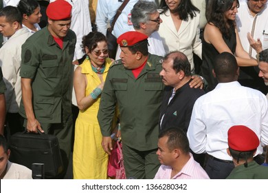 Cumana (Venezuela) April 16, 2009. The Former President Of Venezuela, Hugo Chavez (C) And The President Of Nicaragua, Danile Ortega (2R) And Rosario Murillo (2L), Vice President Of And Wife Of Ortega