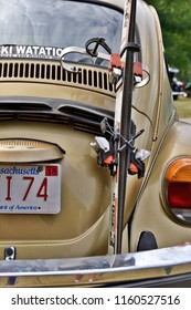 Cumberland, RI/USA- August 19, 2018: A Vertical Image Of A Vanity Plate And Pair Of Skis On The Rear Of A Vintage VW Beetle At An Annual Summer Car Show.                     