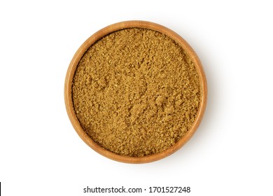 Cumin powder in wooden bowl on white background