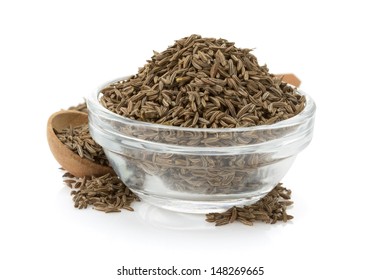 Cumin Seeds In Bowl Isolated On White Background