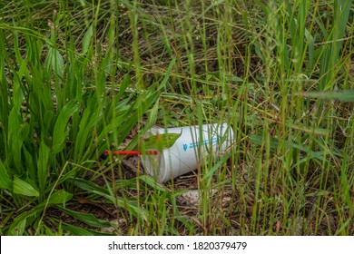 Cumming, Georgia/USA-05/25/20 A White Styrofoam Beverage Cup With Lid And A Red Straw Laying In The Grass In A Field Discarded Carelessly Polluting The Environment