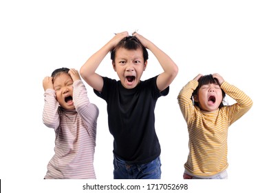 Cumulative stress condition concept. Facial expressions and emotional gestures of children in high stress conditions. Three asian kids boy and girls raise hands holding to head and sad of emotion face - Shutterstock ID 1717052698
