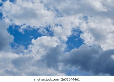 Cumulus clouds in the sky viewed from the inside with sunlight on the clouds, close-up of clouds, texture of clouds in the blue sky.