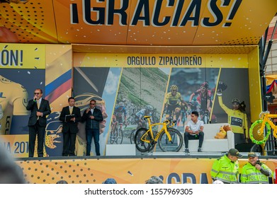 ZIPAQUIRÁ, CUNDINAMARCA, COLOMBIA - AUGUST 7, 2019: Mayor Of Zipaquirá Luis Alfonso Rodriguez Gives A Speech To Egan Bernal, After Winning Le Tour De France 2019.