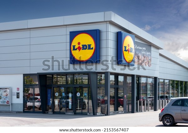 Mondovì, Cuneo, Italy - April 29, 2022: LIDL\
supermarket, Lidl Stiftung  Co. KG is a European supermarket chain\
of German origin of the Schwarz\
Gruppe