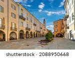 Cuneo, Piedmont, Italy - October 6, 2021: Piazzetta del Grano (14th century) with historic buildings renovated with arcades in Via Roma between the town hall and Piazza Torino