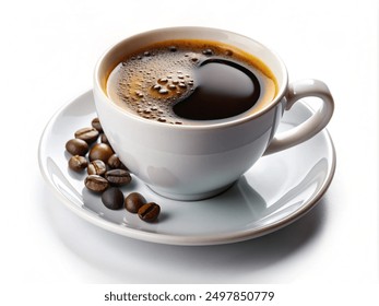 cup of americano coffee on a saucer on a white background for breakfast - Powered by Shutterstock