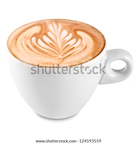 Cup of art latte on a cappuccino coffee isolated on white