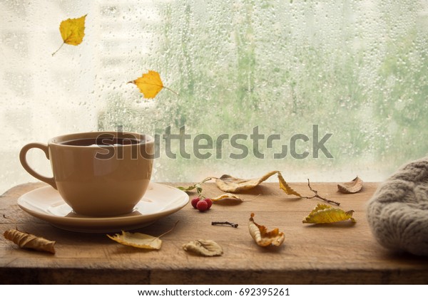 Tasse Herbsttee Kaffee Schokolade Und Gelbe Stockfoto