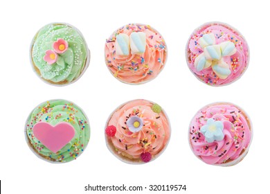 Cup Cake And Candy Sprinkles Top View Isolate On White Background