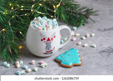 Cup with Cappuccino Christmas Gift Box Decoration Natural Decor New Year Party Concept Vintage Pine Cones Fir Tree Branch - Shutterstock ID 1262086759
