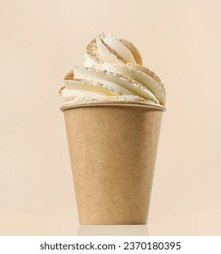 cup of cappuccino decorated with whipped cream and cinnamon on beige color background