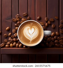 A cup of cappuccino with a heart shape surrounded by coffee beans on a rustic wooden background